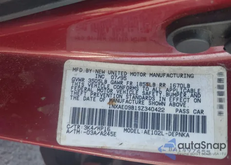 1995 Toyota Corolla Le/Dx from USA, damaged, VIN 1NXAE09B1SZ340422